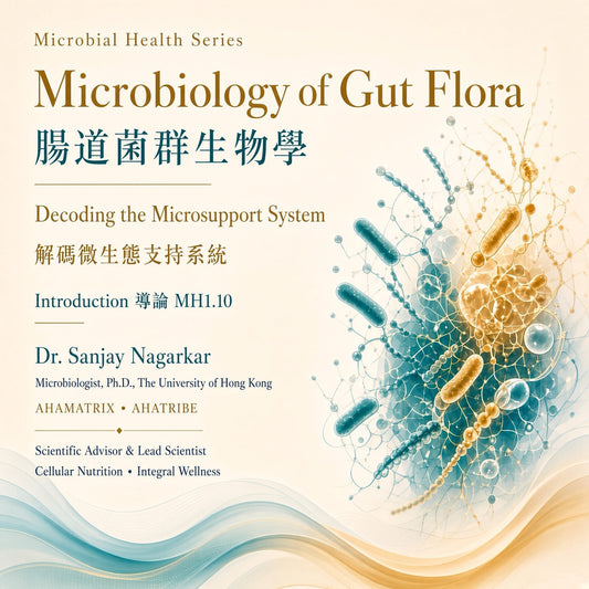 Variant image for AWRTC Microbial Health Seminar Series topic Introduction MH1.10 Microbiology of Gut Flora by Dr. Sanjay Nagarkar covering gut health and cellular nutrition.