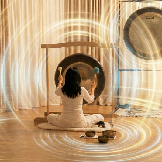Person sitting in a room with a large gong in a gong bath session