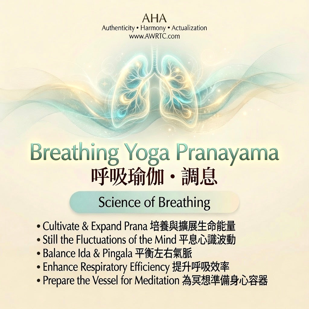 Breathing Yoga Pranayama Science of Breathing course poster by AHA AWRTC Hong Kong showing lung graphic and benefits including respiratory efficiency and mind stillness.