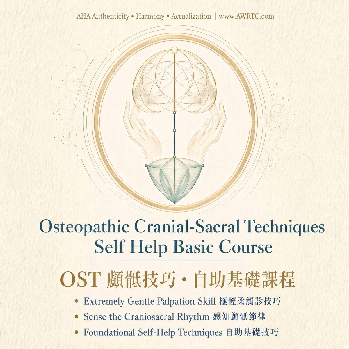 Osteopathic Cranial-Sacral Technique Basic Course: learn a 12-step self-help protocol with a gentle 5-gram touch. 6-week course at AWRTC AHA with Dr. PC Lam. AHA
